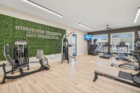 A gym with a green wall that says "Strive for progress not perfection."
