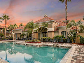 Shot of outdoor pool at sunset with palm trees