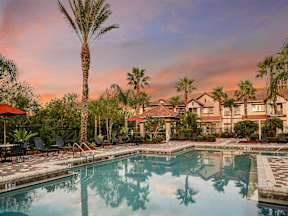 Shot of outdoor pool at sunset with palm trees