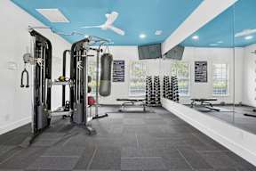 A gym with a blue ceiling and a variety of equipment.