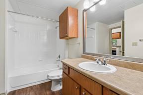 A bathroom with a toilet, sink, and mirror.