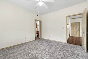 A room with a carpeted floor and a ceiling fan.
