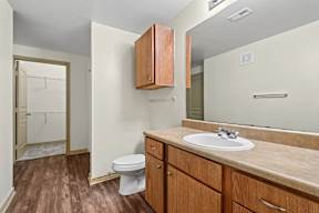 A bathroom with a toilet, sink, and wooden cabinets.