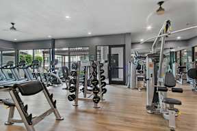 a gym with cardio equipment and weights on a wooden floor