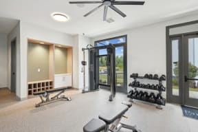 Fitness Center with two benches and weights