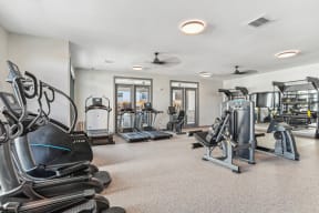 the gym with cardio equipment at the preserve at great neck apartments