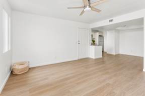 A room with a ceiling fan and light, hardwood floors, and a white door.
