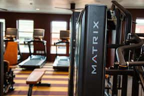 A gym with a row of treadmills and a weight machine with the word MATRIX on it.