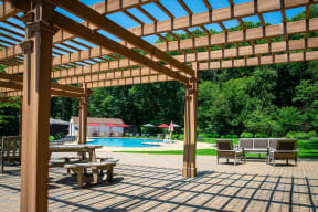 a patio with a pergola and a swimming pool at Atlantic Pointe Apartments, Atlantic Highlands