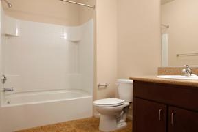 a bathroom with a toilet and a tub and a sink