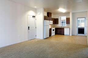 an empty living room and kitchen with a refrigerator and a sink