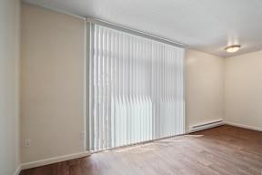 A room with a sliding door and wooden flooring.