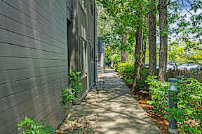A narrow walkway between two buildings with trees on either side.