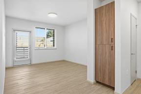A room with a wooden floor and a wooden wardrobe.