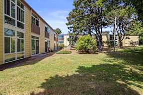 A sunny day at a grassy courtyard surrounded by buildings.