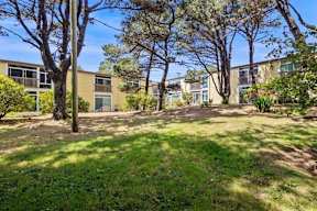A grassy area in front of apartment buildings.