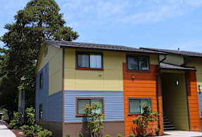 A row of houses with different colored siding.