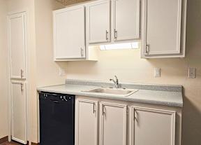 A kitchen with white cabinets and a black dishwasher.