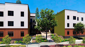 A modern building with a green tree in front.