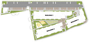 A map shows a green area with three buildings labeled Building 1, Building 2, and Building 3.