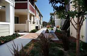 a walkway with benches in front of apartments