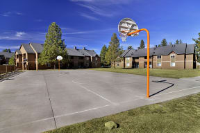 an outdoor basketball court with houses in the background