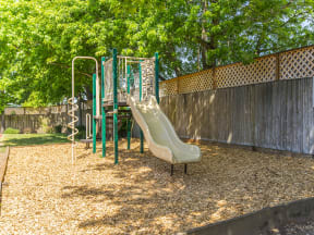 a playground with a slide and climbing equipment in a backyard