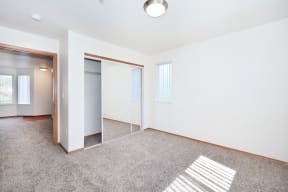 an empty living room with a mirror and a closet