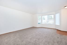 an empty living room with carpet and a window