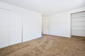an empty bedroom with white walls and carpet and a closet