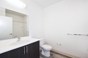 a bathroom with a toilet sink and mirror