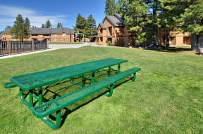 a green picnic table in a park with houses in the background