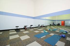 A yoga studio with mats and exercise balls.