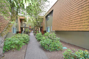 a walkway between two buildings with plants and trees