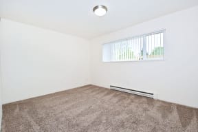 an empty living room with carpet and a window