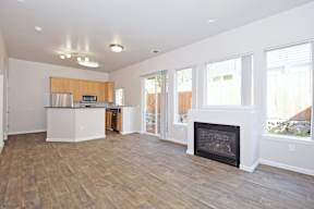 A living room with a fireplace and a kitchen area in the background.