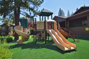 a playground with a playset and slides in a yard