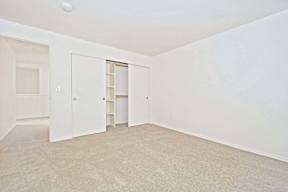 a bedroom with white walls and carpet and a closet