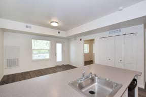 a kitchen with a sink and a counter top