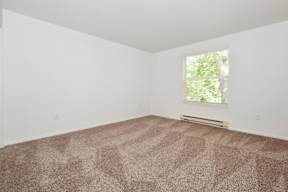 an empty room with carpet and a window