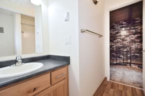 a bathroom with a sink and a shower