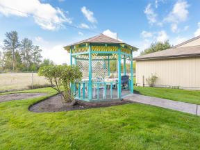 a gazebo with a table and chairs in a yard