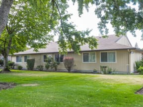 a house with a lawn and trees in front of it