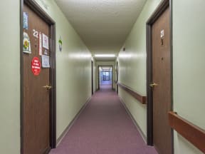 a hallway with doors and signs on the walls and a pink carpet