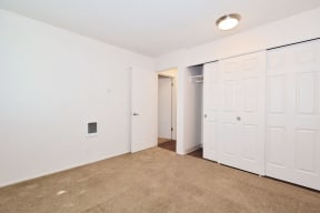 a bedroom with two closets and a carpeted floor
