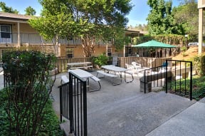 a patio with tables and chairs in a courtyard