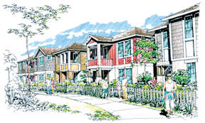 a rendering of a row of houses with people in front of them