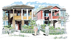 a rendering of a row of houses with people standing in front of them