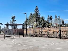 a basketball court at a park with trees in the background