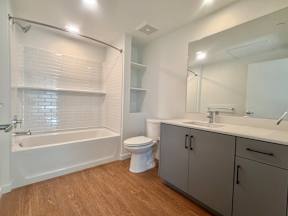 A white bathroom with a wooden floor and a white toilet.